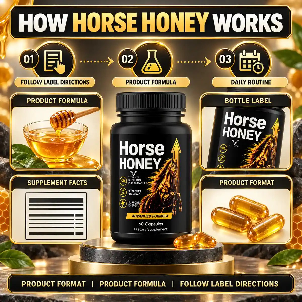 Horse Honey how it works panel showing follow label directions, product formula and daily routine around the bottle