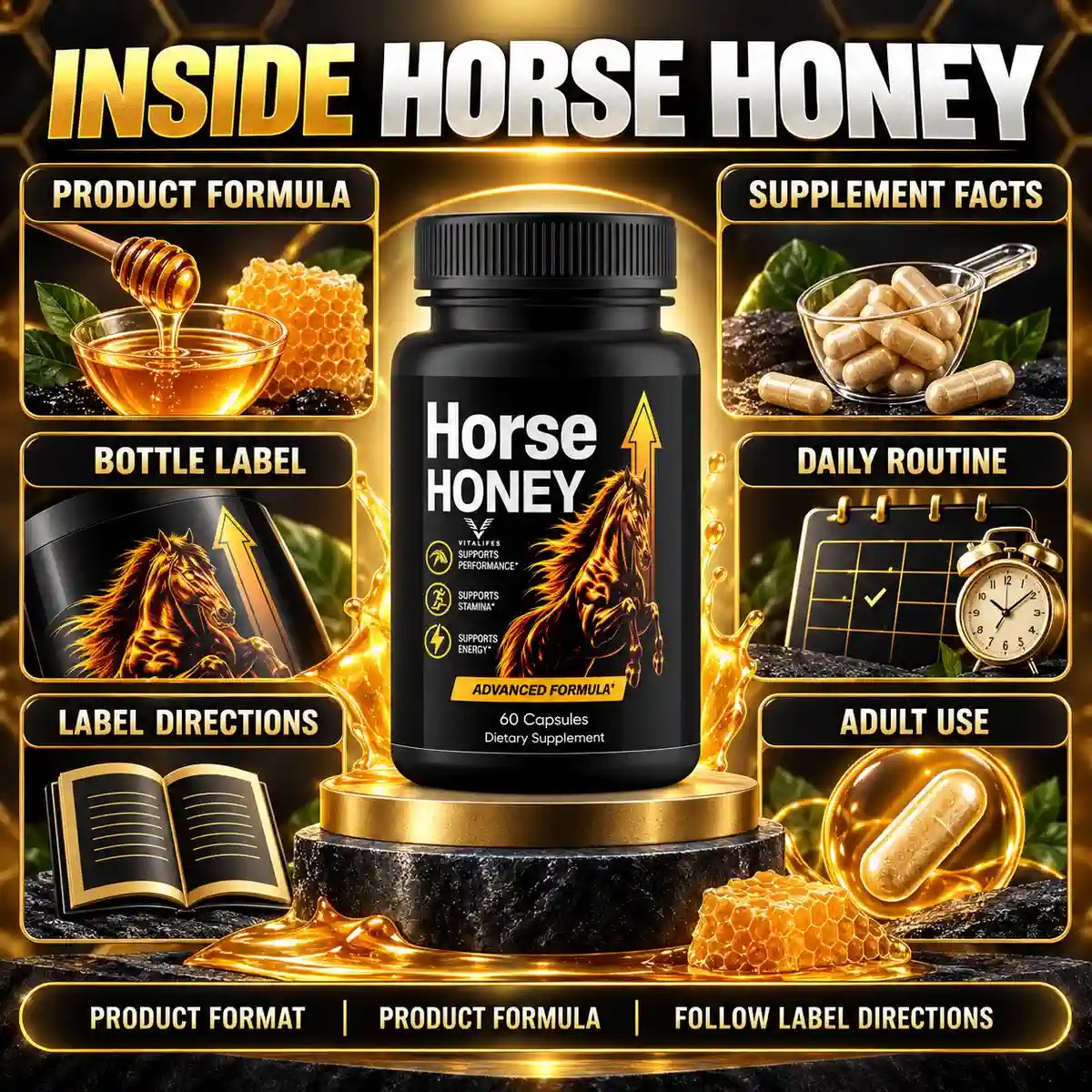 Horse Honey listing panel showing honeycomb, a honey dipper and pouring honey around the bottle