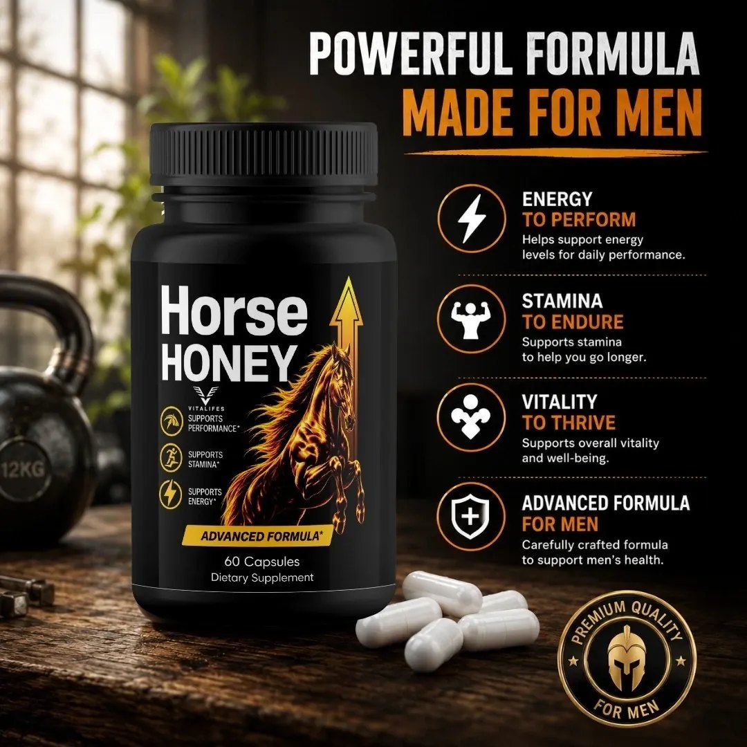 Horse Honey powerful formula made for men panel listing energy to perform, stamina to endure, vitality to thrive and advanced formula for men